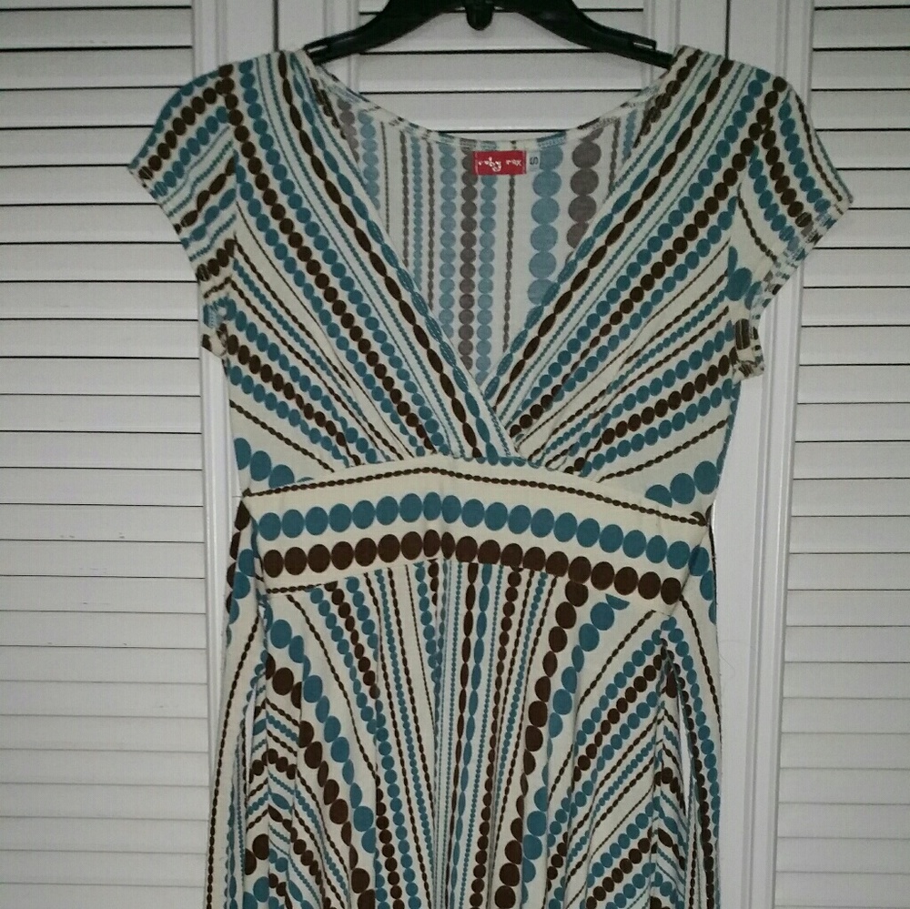 Blue brown circle print v-neck circle skirt dress